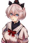  1girl blue_eyes bow dress dress_bow elphelt_valentine guilty_gear guilty_gear_xrd hairband highres levvellevvel long_sleeves looking_at_viewer medium_hair open_mouth puffy_long_sleeves puffy_sleeves red_bow spiked_hairband spikes white_dress white_hair 