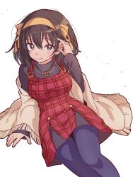  1girl absurdres black_sweater blue_pants blush brown_eyes brown_hair brown_jacket casual closed_mouth commentary dress hair_ribbon hairband hand_up highres jacket long_sleeves looking_at_viewer medium_hair pants plaid_clothes plaid_dress red_dress ribbon sitting sleeveless sleeveless_dress smile solo suzumiya_haruhi suzumiya_haruhi_no_yuuutsu sweater taiki_(6240taiki) turtleneck turtleneck_sweater yellow_hairband yellow_ribbon 