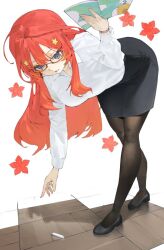  1girl alternate_costume bent_over black_footwear black_pantyhose black_skirt book breasts chalk collared_shirt commentary dress_shirt flats flower_(symbol) full_body glasses go-toubun_no_hanayome hair_ornament holding holding_book large_breasts long_hair long_sleeves mi8pq nakano_itsuki orange_hair pantyhose pencil_skirt picking_up reaching shirt skirt solo standing star_(symbol) star_hair_ornament tile_floor tiles very_long_hair watch watch white_background white_shirt wooden_floor 
