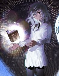  1boy arms_up black_pants black_ribbon blue_eyes book collared_shirt floating floating_hair gapamopa hair_between_eyes highres long_shirt long_sleeves male_focus medium_hair metaphor:_refantazio neck_ribbon open_book outstretched_arms pants parted_lips ribbon shirt solo standing the_prince_(metaphor:_refantazio) white_hair white_shirt wing_collar 