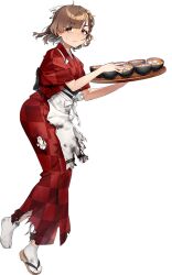  1girl akasaka_yuzu apron asahi_(kancolle) asahi_(saury_festival)_(kancolle) bowl braid brown_hair burnt_clothes checkered_clothes checkered_kimono food full_body gloves grey_eyes hair_ribbon japanese_clothes kantai_collection kimono looking_at_viewer mole mole_under_mouth official_alternate_costume official_art red_kimono ribbon sandals short_hair side_braid single_glove socks solo standing stove tabi transparent_background tray white_apron white_ribbon white_socks wrench 
