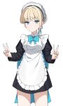  1girl absurdres apron back_bow bangs black_dress blonde_hair blue_archive blue_bow blue_bowtie blue_eyes blunt_bangs bow bowtie bun_cover closed_mouth commentary cowboy_shot double_v dress expressionless h9_99999 hair_bun hands_up highres huge_bow long_sleeves looking_at_viewer maid_apron maid_headdress short_hair simple_background single_hair_bun solo standing toki_(blue_archive) v white_apron white_background 