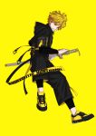  1boy absurdres agatsuma_zenitsu alternate_costume black_pants black_sweater blonde_hair character_name clenched_teeth closed_eyes contemporary full_body gradient_hair highres holding holding_sheath holding_sword holding_weapon hood hooded_sweater kake_hashi3 kimetsu_no_yaiba layered_sleeves long_sleeves male_focus multicolored_hair orange_hair pants sheath sheathed shoes short_over_long_sleeves short_sleeves simple_background sneakers solo sweater sword teeth twitter_username weapon yellow_background yellow_footwear 