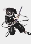  1boy absurdres alternate_costume bangs black_hair black_pants black_sweater blue_eyes character_name colored_sclera contemporary floating_hair grey_background hair_between_eyes heterochromia highres holding holding_sword holding_weapon iguro_obanai kake_hashi3 kimetsu_no_yaiba long_sleeves male_focus mask medium_hair pants red_sclera shoes simple_background snake sneakers sweater sword twitter_username weapon white_footwear white_snake yellow_eyes 