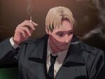  1boy black_coat black_necktie blonde_hair chainsaw_man cigarette coat collared_shirt ear_piercing facial_hair highres holding holding_cigarette ikanyoikanikan kishibe_(chainsaw_man) looking_to_the_side necktie open_mouth piercing shadow shirt short_hair smoke smoking solo stubble two-tone_background undercut white_shirt 