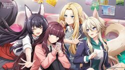  4girls alpha_(kage_no_jitsuryokusha_ni_naritakute!) animal_ears artist_request black_hair black_jacket black_necktie black_thighhighs blonde_hair blue_eyes breasts brown_hair cardigan closed_eyes closed_mouth clothes_around_waist collared_shirt copyright_notice couch delta_(kage_no_jitsuryokusha_ni_naritakute!) eta_(kage_no_jitsuryokusha_ni_naritakute!) facial_mark green_hoodie grey_cardigan grey_skirt hair_between_eyes headphones headphones_around_neck highres holding holding_phone hood hoodie jacket kage_no_jitsuryokusha_ni_naritakute! kage_no_jitsuryokusha_ni_naritakute!_master_of_garden logo long_hair multiple_girls necktie official_art open_mouth phone photo_(object) pillow pink_sweater pleated_skirt shirt skirt sweater sweater_around_waist tail teeth thigh-highs upper_teeth_only violet_eyes whisker_markings white_shirt zeta_(kage_no_jitsuryokusha_ni_naritakute!) 