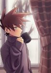  1boy absurdres bangs blue_oak brown_hair commentary_request cup curtains green_eyes hand_up highres holding holding_cup indoors male_focus mug parted_lips pokemon pokemon_adventures purple_sweater short_hair solo spiky_hair sweater turtleneck turtleneck_sweater upper_body wanichi window 