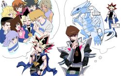  2girls 6+boys :d armlet bakura_ryou belt black_choker black_eyes black_footwear black_hair black_shirt blonde_hair blue-eyes_white_dragon blue_jacket blue_outline blue_pants blue_shirt brown_eyes brown_hair card chain chain_necklace choker coat commentary diagonal-striped_shirt domino_high_school_uniform dragon duel_monster dyed_bangs earrings english_commentary facial_mark fudo_yusei gold_armlet gold_earrings grey_hair hair_between_eyes highres honda_hiroto image_in_thought_bubble jacket jewelry jonouchi_katsuya kaiba_seto kujaku_mai marik_ishtar mazaki_anzu medium_hair millennium_puzzle multicolored_hair multiple_belts multiple_boys multiple_girls muto_yugi necklace outline pants pink_eyes pink_shirt pointing pointing_at_self raised_eyebrow redhead school_uniform shirt short_hair single_earring sketch sleeveless sleeveless_shirt smile spiky_hair thought_bubble trading_card white_background white_coat white_shirt yami_yugi youduk yu-gi-oh! yu-gi-oh!_5d's yu-gi-oh!_duel_monsters yu-gi-oh!_gx yuki_judai 