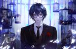  1boy black_hair black_necktie black_shirt broken cage collared_shirt eyewear_strap flower glasses highres i_became_a_god_in_a_horror_game long_sleeves looking_at_viewer male_focus mu_ke necktie red_flower red_rose rose shengshu492 shirt short_hair solo upper_body 