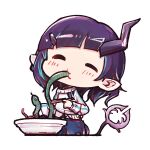  1girl 774_inc. bangs black_hair blue_hair blush bowl chibi chopsticks closed_eyes closed_mouth commentary cowboy_shot demon_girl demon_horns demon_tail eating flat_chest hair_ornament hairclip highres holding holding_chopsticks horns long_sleeves medium_hair multicolored_hair o3o official_alternate_costume pointy_ears shishio_chris simple_background snake solo sugar_lyric sweater tail touki31249960 transparent_background two-tone_hair virtual_youtuber white_sweater worm 