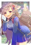  1girl :d ahoge animal_ear_fluff animal_ears blue_dress blurry blurry_background blush breasts brown_eyes brown_hair commentary_request commission depth_of_field dress eyes_visible_through_hair gloves hair_ornament hand_up kou_hiyoyo leaning_forward long_hair long_sleeves looking_at_viewer medium_breasts skeb_commission smile solo tail the_alliance_alive very_long_hair viviana_(the_alliance_alive) white_gloves 