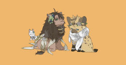  absurdres animal animal_focus animalization blue_eyes clothed_animal commentary_request full_body green_eyes highres hyena jack_howl jewelry leona_kingscholar lion looking_at_viewer necklace no_humans orange_background raccoonlot ruggie_bucchi scarf shawl simple_background sitting twisted_wonderland white_scarf white_shawl wolf 