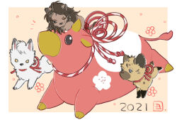  2021 animal animalization chinese_zodiac commentary_request cow dated highres hyena jack_howl kouhaku_nawa leona_kingscholar lion neck_ribbon new_year no_humans orange_background raccoonlot ribbon rope ruggie_bucchi running shimenawa twisted_wonderland wolf year_of_the_ox 