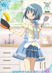 1girl :o alternate_costume apron artist_request back_bow bare_shoulders blue_apron blue_eyes blue_hair blue_skirt bow cabinet card_(medium) clothing_cutout cooking cowboy_shot dot_nose faucet frilled_apron frilled_shirt frilled_skirt frills from_behind game_cg glass hair_ornament hairclip indoors kitchen light_blush looking_at_viewer mahou_shoujo_madoka_magica mahou_shoujo_madoka_magica_plus miki_sayaka miniskirt official_art open_mouth pepper_shaker picture_frame plaid_apron plaid_clothes plant potted_plant salt_shaker shelf shirt short_hair short_sleeves shoulder_cutout sink skirt solo tareme teapot third-party_source tree weighing_scale white_bow window yellow_shirt