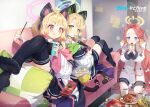  3girls :3 :q animal_ear_headphones animal_ears bag bag_of_chips bangs black_skirt black_thighhighs blonde_hair blue_archive blue_bow blush bow braid buttons cat_ear_headphones cat_ears checkerboard_cookie chips_(food) closed_mouth coat coffee coffee_mug collared_shirt commentary_request cookie copyright copyright_name couch cup cushion dated doughnut eating eyelashes fake_animal_ears food food_in_mouth green_eyes hair_bow hair_ornament halo handheld_game_console hands_up headphones highres holding holding_food holding_handheld_game_console holding_pocky hood hood_down hooded_coat indoors kneeling licking_lips long_hair long_sleeves looking_at_viewer looking_back medium_hair midori_(blue_archive) momoi_(blue_archive) mouth_hold mug multiple_girls multiple_hair_bows nintendo_switch no_shoes off_shoulder official_art on_couch open_clothes open_coat paper parted_bangs picture_frame pillow pink_eyes plate pleated_skirt pocky potato_chips red_bow redhead shirt siblings sidelocks single_braid sitting skirt smile soles swept_bangs table thigh-highs tongue tongue_out twins very_long_hair violet_eyes watermark wavy_hair white_bow white_coat white_shirt wide_sleeves yetti yuzu_(blue_archive) 