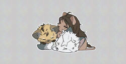  animal animal_focus animalization commentary_request dogpile full_body grey_background highres hyena jack_howl leona_kingscholar lion no_humans raccoonlot ruggie_bucchi simple_background sleeping twisted_wonderland wolf 