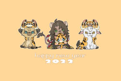  2022 animal animal_costume animal_print animalization blue_eyes chinese_zodiac clothed_animal commentary_request dated full_body green_eyes happy_new_year highres holding holding_stuffed_toy hyena jack_howl leona_kingscholar lion looking_at_viewer mouth_hold orange_background raccoonlot ruggie_bucchi simple_background sitting stuffed_animal stuffed_tiger stuffed_toy tiger_costume tiger_print twisted_wonderland wolf year_of_the_tiger yellow_eyes 