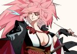  1girl absurdres amputee baiken big_hair black_gloves black_jacket black_kimono breasts eyepatch facial_tattoo fingerless_gloves gloves guilty_gear guilty_gear_strive highres holding holding_smoking_pipe jacket jacket_on_shoulders japanese_clothes katana kimono large_breasts long_hair long_sleeves looking_at_viewer mouth_hold multicolored_clothes multicolored_kimono nem_graphics one-eyed pink_hair ponytail red_eyes samurai sash scar scar_across_eye smoking_pipe stalk_in_mouth sword tattoo weapon white_kimono 