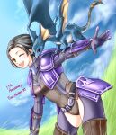  1girl ;d anniversary arm_guards armor avatar_(ff11) belt black_belt black_hair blue_sky breasts brown_eyes clouds copyright_name cowboy_shot day dragon dragoon_(final_fantasy) faulds final_fantasy final_fantasy_xi grass highres hume legs_apart medium_breasts one_eye_closed open_mouth outdoors purple_armor sakutsuki short_hair shoulder_armor sky smile solo standing 