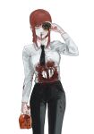  1girl bangs black_necktie black_pants blood blood_on_clothes blood_on_face chainsaw_man collared_shirt doughnut food highres hole_on_body kamo_(kamonegioisi) looking_at_viewer looking_through_doughnut makima_(chainsaw_man) medium_hair necktie nosebleed pants redhead ringed_eyes shirt shirt_tucked_in sidelocks simple_background solo white_background white_shirt yellow_eyes 