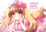  1girl animal_ears brown_eyes brown_hair candy_lapin_(show_by_rock!!) character_name copyright_name dress haru_ichigo head_rest looking_at_viewer lop_rabbit_ears pink_dress rabbit_ears rabbit_girl short_hair show_by_rock!! solo striped striped_dress tareme twitter_username 