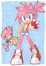  1girl amy_rose animal_ears animal_nose blue_background blue_shorts border bracelet crop_top furry furry_female gloves gold_bracelet green_eyes hand_on_own_hip hedgehog_girl high_ponytail highres holding holding_poke_ball jewelry konjiki_ringo looking_at_viewer misty_(pokemon) pink_fur pink_hair poke_ball pokemon psyduck red_footwear sandals shirt shoes short_ponytail short_tail shorts smile sneakers solo sonic_(series) standing swimsuit tail white_border white_gloves yellow_shirt 