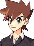  1boy absurdres bangs black_jacket brown_hair closed_mouth commentary_request gary_oak grey_eyes highres jacket jewelry male_focus necklace pokemon pokemon_(anime) pokemon_journeys shirt short_hair simple_background solo spiky_hair upper_body wanichi white_background white_shirt 