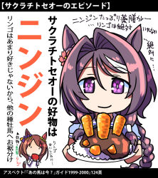  2girls animal_ears blush brown_hair carrying closed_mouth commentary_request curry eating flower food hair_flower hair_ornament horse_girl long_braid long_hair looking_at_viewer medium_hair multiple_girls pink_eyes sakazaki_freddy sakura_chitose_o_(umamusume) sakura_laurel_(umamusume) simple_background smile umamusume white_background 