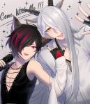  2boys adam_(show_by_rock!!) animal_ears black_gloves black_hair black_nails eve_(show_by_rock!!) fingerless_gloves gloves goat_boy goat_ears goat_horns highres horns long_hair looking_at_viewer male_focus mel6969 multicolored_hair multiple_boys red_eyes redhead short_hair show_by_rock!! white_hair wolf_boy wolf_ears yellow_eyes 