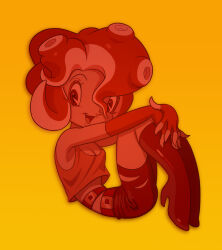 1girl cleavage hands_on_own_knees monochrome octoling octoling_girl open_mouth roachgore splatoon splatoon_1 splatoon_2 splatoon_3 tentacle_hair yellow_background