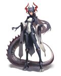  1girl absurdres black_hair bodysuit claws collar commentary_request dragon_girl dragon_horns dragon_tail full_body highres horns long_hair metal_collar original pointy_ears red_eyes slit_pupils solo standing tail toi1et_paper very_long_hair white_background 