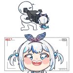  1girl 1other :d bangs blue_eyes blue_hair blue_hairband blush_stickers bow bow_hairband camera chibi english_text from_behind gawr_gura grey_hair hair_bobbles hair_ornament hairband holding holding_camera hololive hololive_english looking_at_viewer medium_hair multicolored_hair official_alternate_costume plaid plaid_bow plaid_hairband recording russelmfao sharp_teeth smile solo standing streaked_hair suspenders teeth two_side_up upper_body viewfinder virtual_youtuber white_background 