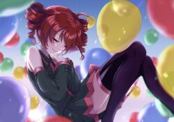  1girl ahoge balloon bare_shoulders black_skirt black_sleeves black_thighhighs blue_sky buttons closed_eyes closed_mouth collared_shirt detached_sleeves drill_hair foot_out_of_frame highres kasane_kein kasane_teto lips long_sleeves own_hands_together parted_bangs pleated_skirt red_trim redhead shirt skirt skirt_set sky sleeveless sleeveless_shirt sleeves_past_wrists solo thigh-highs too_many too_many_balloons twin_drills utau wing_collar 