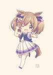  1girl animal_ears arai_cherry arm_up bow bowtie brown_hair chibi hair_bow horse_ears horse_girl horse_tail open_mouth purple_shirt reaching_towards_viewer seal_impression shirt shoes short_sleeves skirt smart_falcon_(umamusume) smile solo tail thigh-highs twintails umamusume w white_skirt white_thighhighs yellow_eyes 