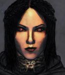  1girl black_dress black_hair braid closed_mouth deiner-schmerz dress glowing glowing_eyes looking_at_viewer red_eyes serana short_hair simple_background solo the_elder_scrolls the_elder_scrolls_v:_skyrim vampire 