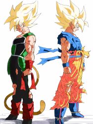 2boys bardock black_bodysuit blonde_hair blue_shirt bodysuit brown_tail dougi dragon_ball dragon_ball_z father_and_son from_side full_body green_eyes highres male_focus medium_hair monkey_tail multiple_boys muscular muscular_male orange_pants orange_shirt pants pato007711 profile revision saiyan_armor shirt simple_background son_goku spiky_hair super_saiyan super_saiyan_1 tail torn_bodysuit torn_clothes torn_pants torn_shirt trait_connection white_background