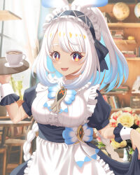  1girl :d absurdres alternate_costume apron artist_name black_dress black_hairband blue_hair blush breasts coffee colored_inner_hair commentary_request cup day dress enmaided flower frilled_apron frilled_hairband frills fuyunash1 genshin_impact hairband hand_up highres holding holding_tray indoors large_breasts light_blue_hair long_hair looking_at_viewer maid mualani_(genshin_impact) multicolored_hair puffy_short_sleeves puffy_sleeves red_flower saucer shirt_hold short_sleeves smile solo symbol-shaped_pupils teacup tray upper_body white_apron white_hair white_wrist_cuffs wrist_cuffs yellow_flower 