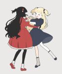  2girls binsusoda blonde_hair blue_bow blue_dress bobby_socks bow dancing dress emilico_(shadows_house) flower full_body grey_background hair_bow hair_flower hair_ornament juliet_sleeves kate_(shadows_house) long_hair long_sleeves multiple_girls puffy_sleeves red_dress red_flower red_footwear shadows_house shoes simple_background socks two_side_up white_socks 