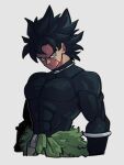  1boy aqua_eyes black_bodysuit black_hair bodysuit broly_(dragon_ball_super) closed_mouth dragon_ball dragon_ball_super dragon_ball_super_broly grey_background kemachiku long_hair looking_at_viewer male_focus scar scar_on_cheek scar_on_face short_hair simple_background solo 