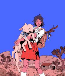  1girl animal backpack bag black_eyes black_hair blue_bow blue_ribbon blue_sky bow branch brown_hair cactus character_charm charm_(object) choo christianity color_contrast commentary cross dark-skinned_female dark_skin day desert frown highres holding holding_animal house lamb leaf looking_at_viewer messy_hair mountainous_horizon multiple_heads neck_ribbon open_mouth original outdoors pleated_skirt red_skirt ribbon rosary school_uniform scrape scraped_knee sheep shirt short_hair short_sleeves skirt sky socks solo standing symbol-only_commentary tree twig white_shirt white_socks 