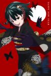 1girl bangs black_eyes black_gloves black_hair black_kimono blurry blurry_foreground bob_cut brown_sash bug butterfly circle cowboy_shot elbow_gloves empty_eyes english_text floating_hair floral_print foreshortening gloves hair_between_eyes hair_ornament happy_new_year japanese_clothes kimono looking_at_viewer metal_(1841828) monogatari_(series) new_year obi obijime open_mouth oshino_ougi outstretched_arms red_background sash short_hair smile solo standing swallowtail_butterfly teeth upper_teeth_only