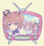  3girls ahoge animal_ears arai_cherry aston_machan_(umamusume) blush_stickers bow bowtie breasts brown_hair chibi chromatic_aberration closed_mouth crown daiwa_scarlet_(umamusume) hair_over_one_eye horse_ears large_breasts long_hair motion_lines multiple_girls one_side_up open_mouth purple_shirt reaching_towards_viewer school_uniform seal_impression shirt skirt smile solid_circle_eyes television thigh-highs through_screen tracen_school_uniform twintails umamusume vodka_(umamusume) watermark waving white_skirt yellow_eyes 