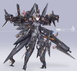  1girl absurdres armor bayonet bodysuit brown_hair commentary_request covered_navel forehead_protector full_body grey_background gun headgear highres holding holding_gun holding_weapon mecha_musume missile_pod original rifle skin_tight solo standing tamasi thrusters tube violet_eyes weapon 
