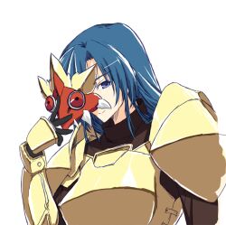  1girl armor blue_eyes blue_hair caraway_goldenrod gauntlets long_hair matsuki_akira next_king removing_mask smile solo upper_body white_background 