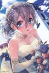  1girl 2016 blue_eyes blush bouquet braid crown_braid dated dress ensemble_girls! flower gloves grey_hair hair_bun hair_ornament hisayoshi_(hisa) holding holding_bouquet long_hair looking_at_viewer open_mouth pearl_hair_ornament solo star_(symbol) star_hair_ornament tokikuni_sora translation_request wedding_dress white_dress white_gloves 