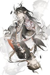  2boys absurdres arknights black_hair brown_eyes brown_horns chinese_commentary chongyue_(arknights) commentary_request grey_eyes highres horns long_hair looking_ahead looking_at_viewer male_focus multiple_boys parted_lips pointy_ears rongyilang smile wang_(arknights) white_background yellow_horns zoom_layer 