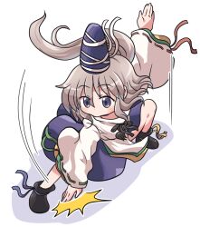  1girl arm_up black_ribbon blue_eyes blue_hat blue_ribbon blue_skirt blush commentary_request cross-laced_headwear footwear_ribbon full_body grey_hair hat layered_sleeves long_hair long_sleeves mononobe_no_futo motion_lines neck_ribbon pom_pom_(clothes) red_ribbon ribbon ribbon-trimmed_sleeves ribbon_trim rokugou_daisuke shirt simple_background skirt solo swatting tate_eboshi touhou white_background white_shirt wide_sleeves yellow_ribbon 