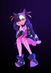  1girl black_background black_footwear black_hair black_jacket blue_eyes cyan_eyes marnie_(marnielovesyou) marnie_(pokemon) pink_dress pokemon pokemon_swsh twintails 