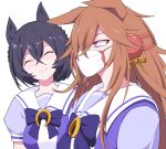  2girls ^_^ animal_ears black_hair bow bowtie braid brown_hair closed_eyes commentary crown_braid facing_viewer highres horse_ears horse_girl horseshoe_ornament kin&#039;iro_ryotei_(umamusume) long_hair mask messy_hair mouth_mask multiple_girls okumari orfevre_(umamusume) puffy_short_sleeves puffy_sleeves purple_bow purple_bowtie purple_serafuku purple_shirt sailor_collar sailor_shirt school_uniform serafuku shirt short_sleeves simple_background tracen_school_uniform umamusume upper_body violet_eyes white_background 