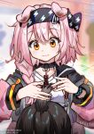  1girl 1other animal_ears arknights artist_name black_hair black_hairband blush braid cat_ears closed_mouth drd1 goldenglow_(arknights) hair_over_shoulder hairband jacket lightning_bolt_print long_hair long_sleeves looking_down open_clothes open_jacket orange_eyes pink_hair pink_jacket shirt single_braid smile solo_focus upper_body white_shirt 